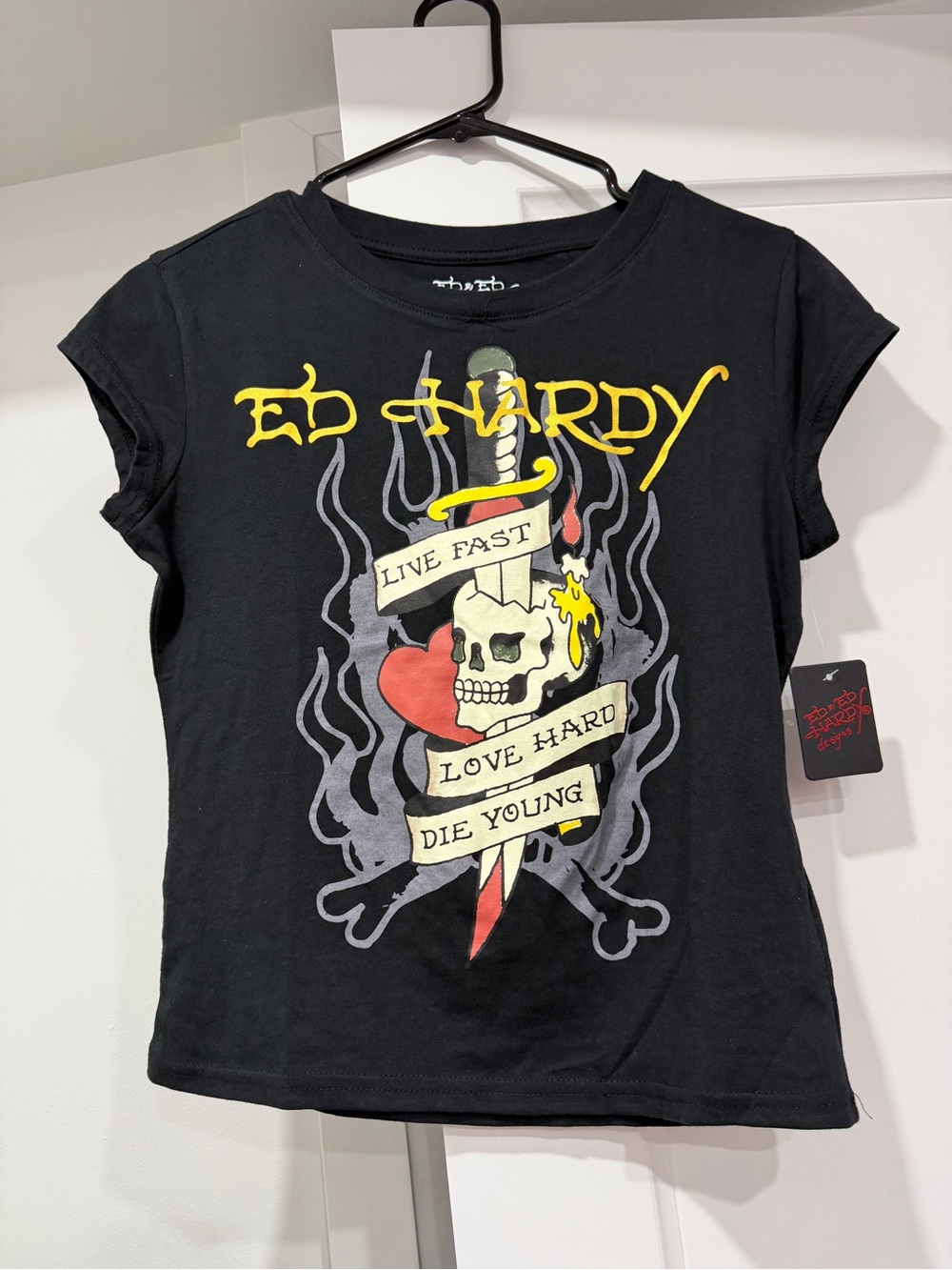 Ed Hardy Black Short Sleeve Tattoo Skull Tee with Yellow & Red Accents